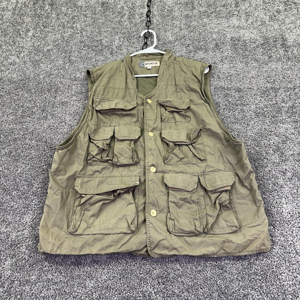 Sportif Vest Mens Medium Brown Green Cotton Canvas Multi Pocket Button Outdoor